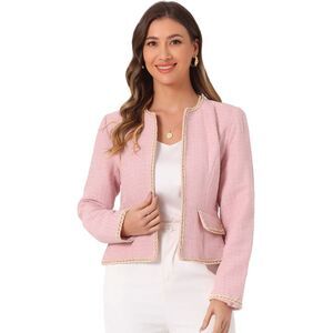 Plaid Tweed Blazer Long Sleeve Open Front Short Jacket Light Pink